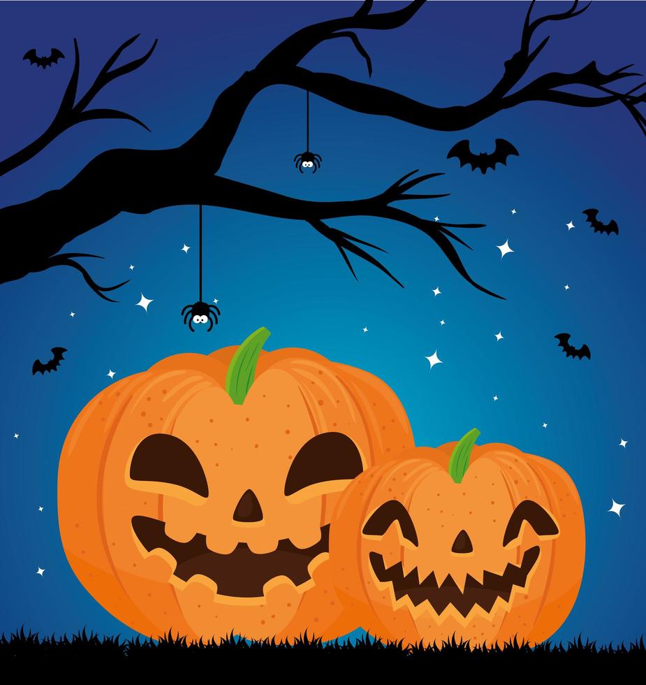 happy halloween-banner met pompoenen, droge boom en vleermuizen vliegen vector