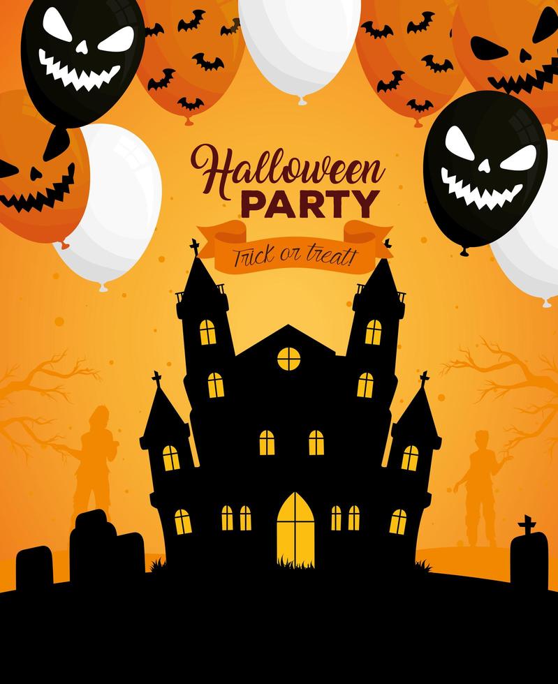 happy halloween banner met spookhuis en enge ballonnen vector