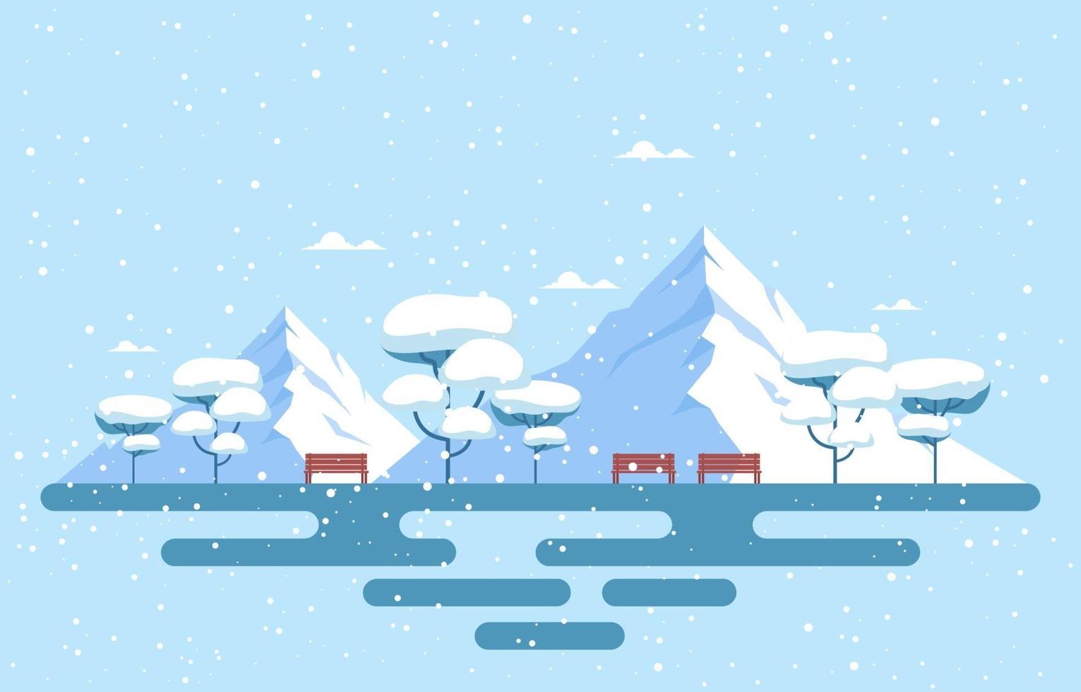 besneeuwde winterparkscène met bergen, banken en bomen vector