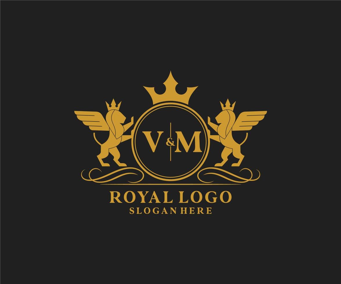 eerste vm brief leeuw Koninklijk luxe heraldisch, wapen logo sjabloon in vector kunst voor restaurant, royalty, boetiek, cafe, hotel, heraldisch, sieraden, mode en andere vector illustratie.