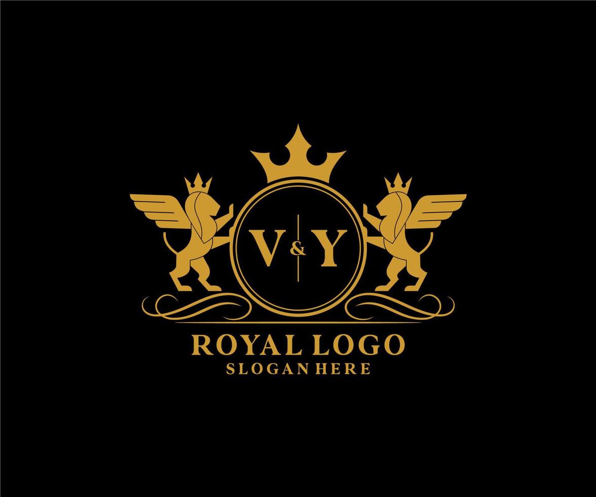 eerste vy brief leeuw Koninklijk luxe heraldisch, wapen logo sjabloon in vector kunst voor restaurant, royalty, boetiek, cafe, hotel, heraldisch, sieraden, mode en andere vector illustratie.