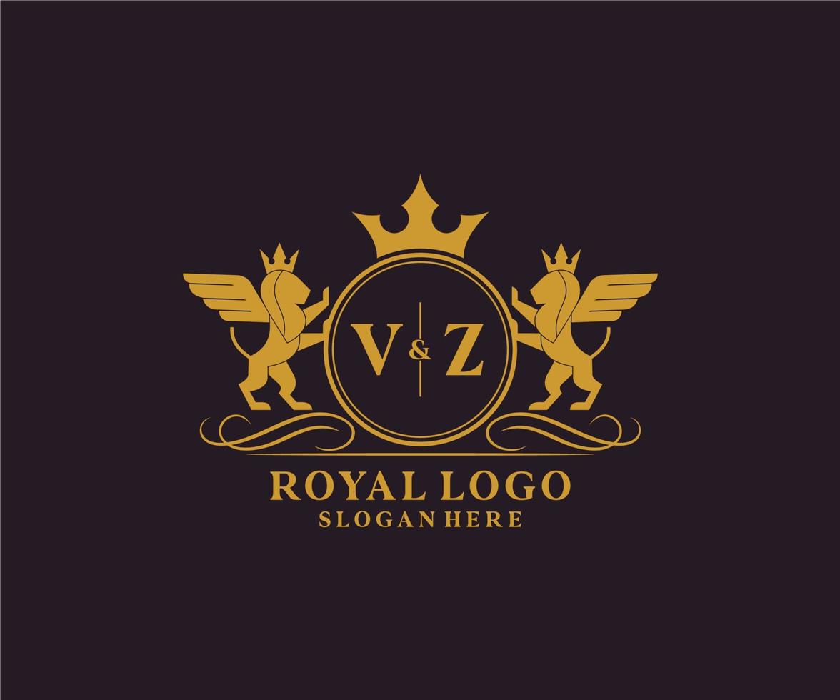 eerste vz brief leeuw Koninklijk luxe heraldisch, wapen logo sjabloon in vector kunst voor restaurant, royalty, boetiek, cafe, hotel, heraldisch, sieraden, mode en andere vector illustratie.