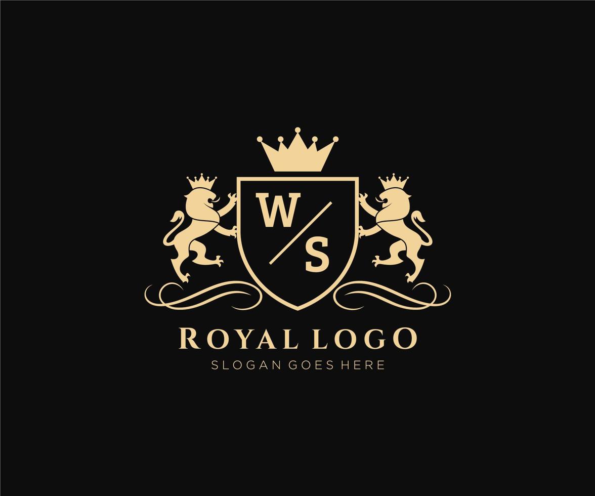 eerste ws brief leeuw Koninklijk luxe heraldisch, wapen logo sjabloon in vector kunst voor restaurant, royalty, boetiek, cafe, hotel, heraldisch, sieraden, mode en andere vector illustratie.