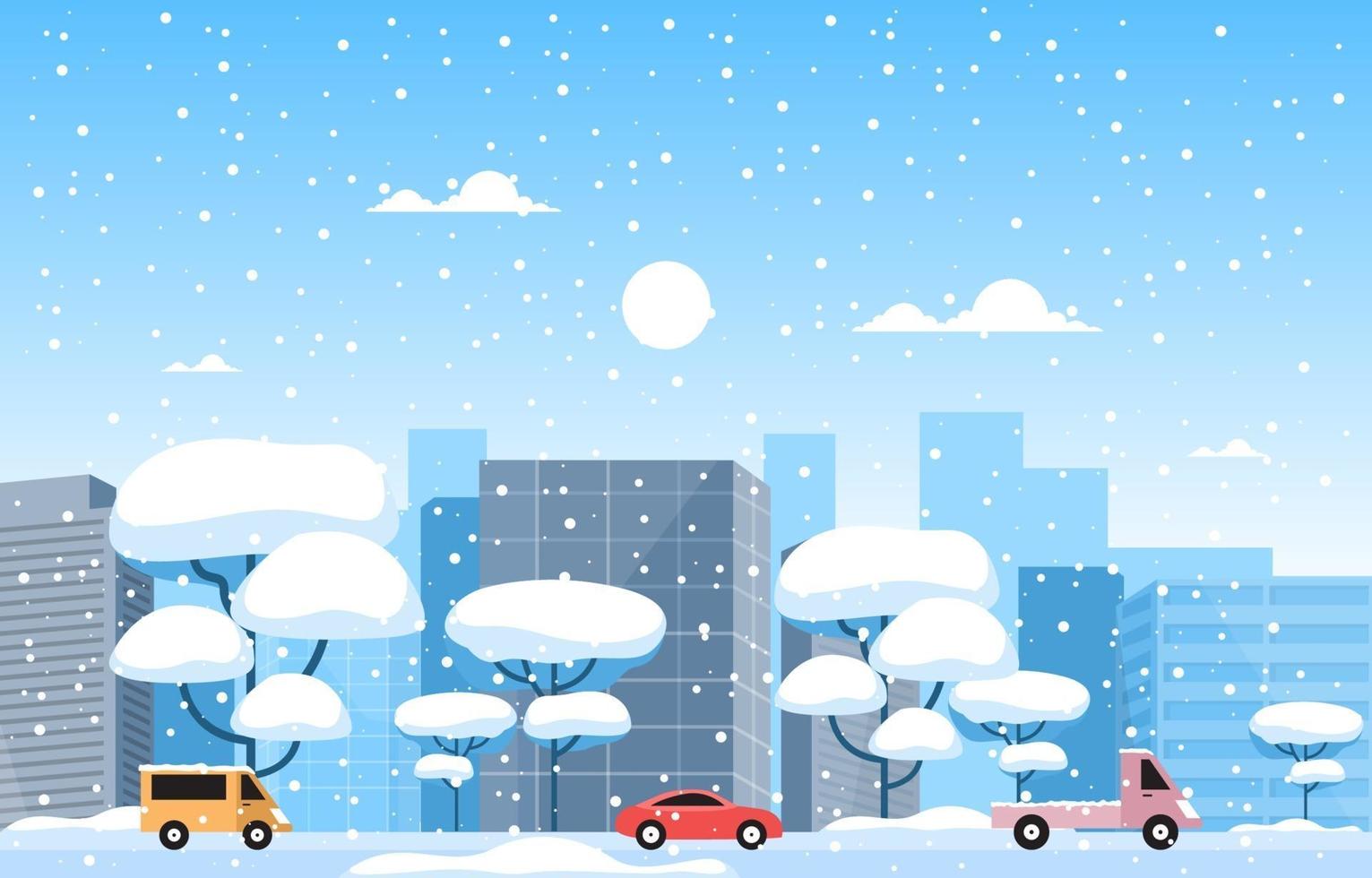 besneeuwde stad en auto's in de winter vector