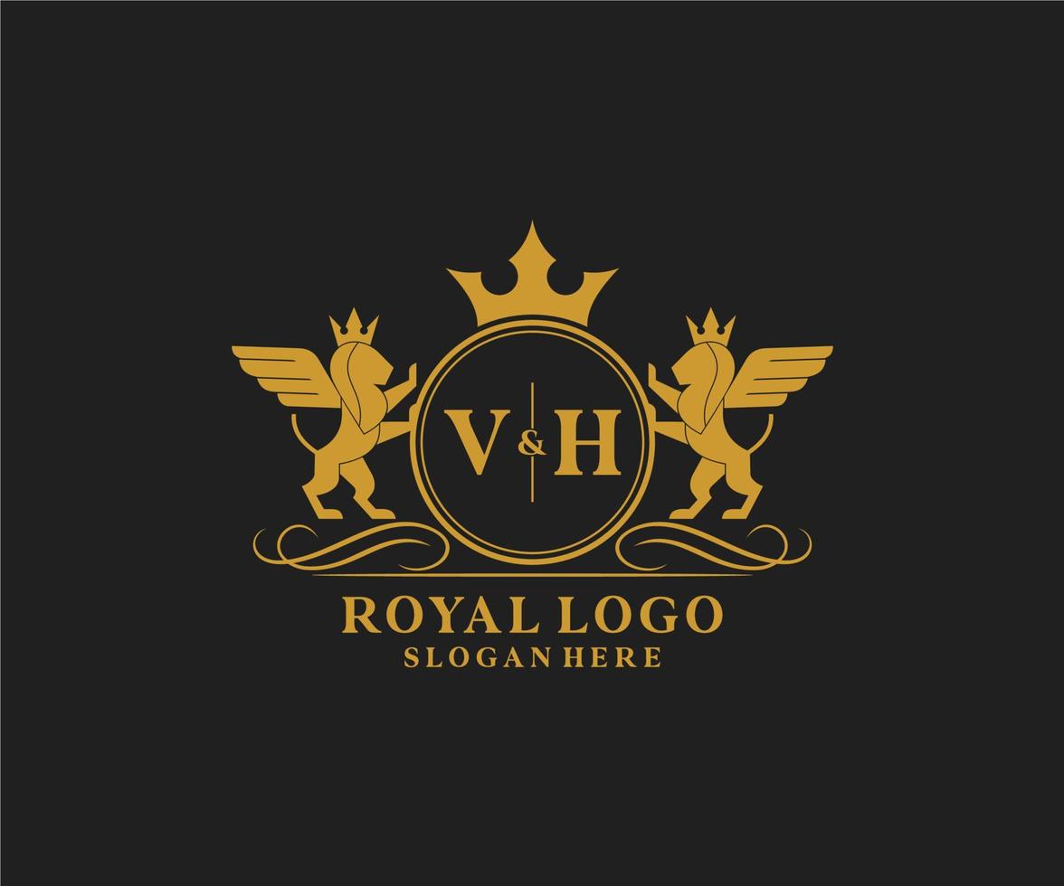 eerste vh brief leeuw Koninklijk luxe heraldisch, wapen logo sjabloon in vector kunst voor restaurant, royalty, boetiek, cafe, hotel, heraldisch, sieraden, mode en andere vector illustratie.