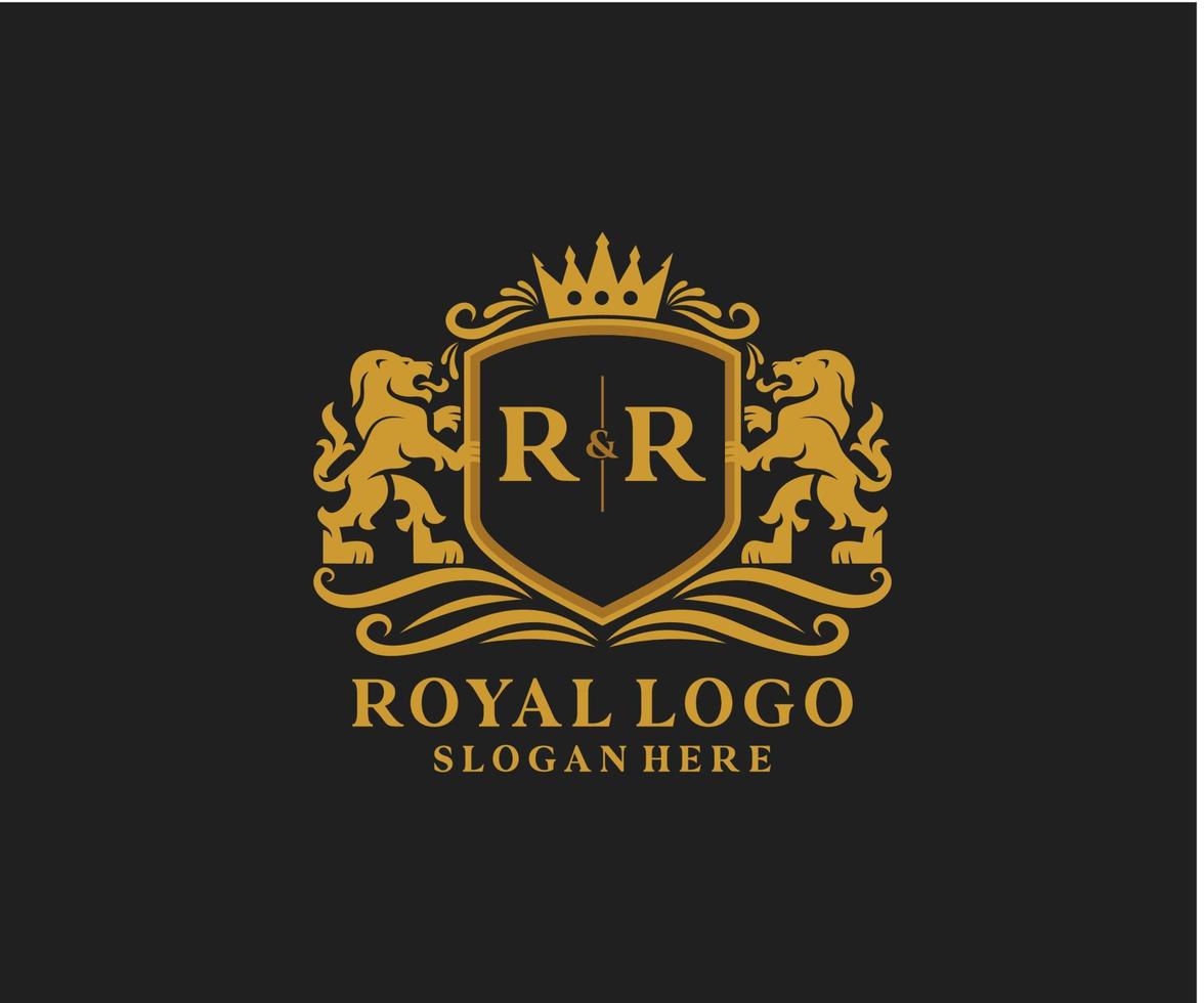 eerste rr brief leeuw Koninklijk luxe logo sjabloon in vector kunst voor restaurant, royalty, boetiek, cafe, hotel, heraldisch, sieraden, mode en andere vector illustratie.