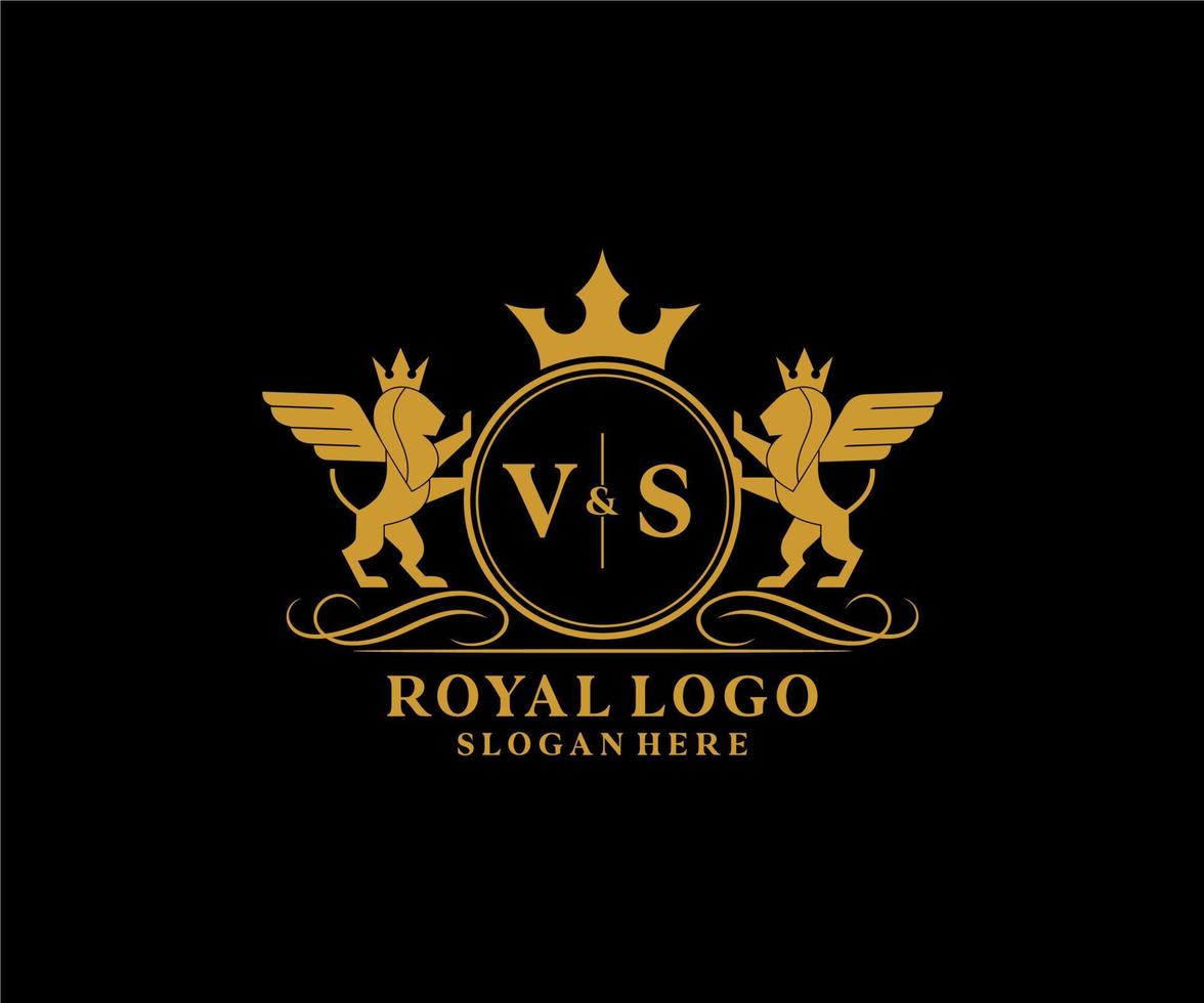 eerste vs brief leeuw Koninklijk luxe heraldisch, wapen logo sjabloon in vector kunst voor restaurant, royalty, boetiek, cafe, hotel, heraldisch, sieraden, mode en andere vector illustratie.