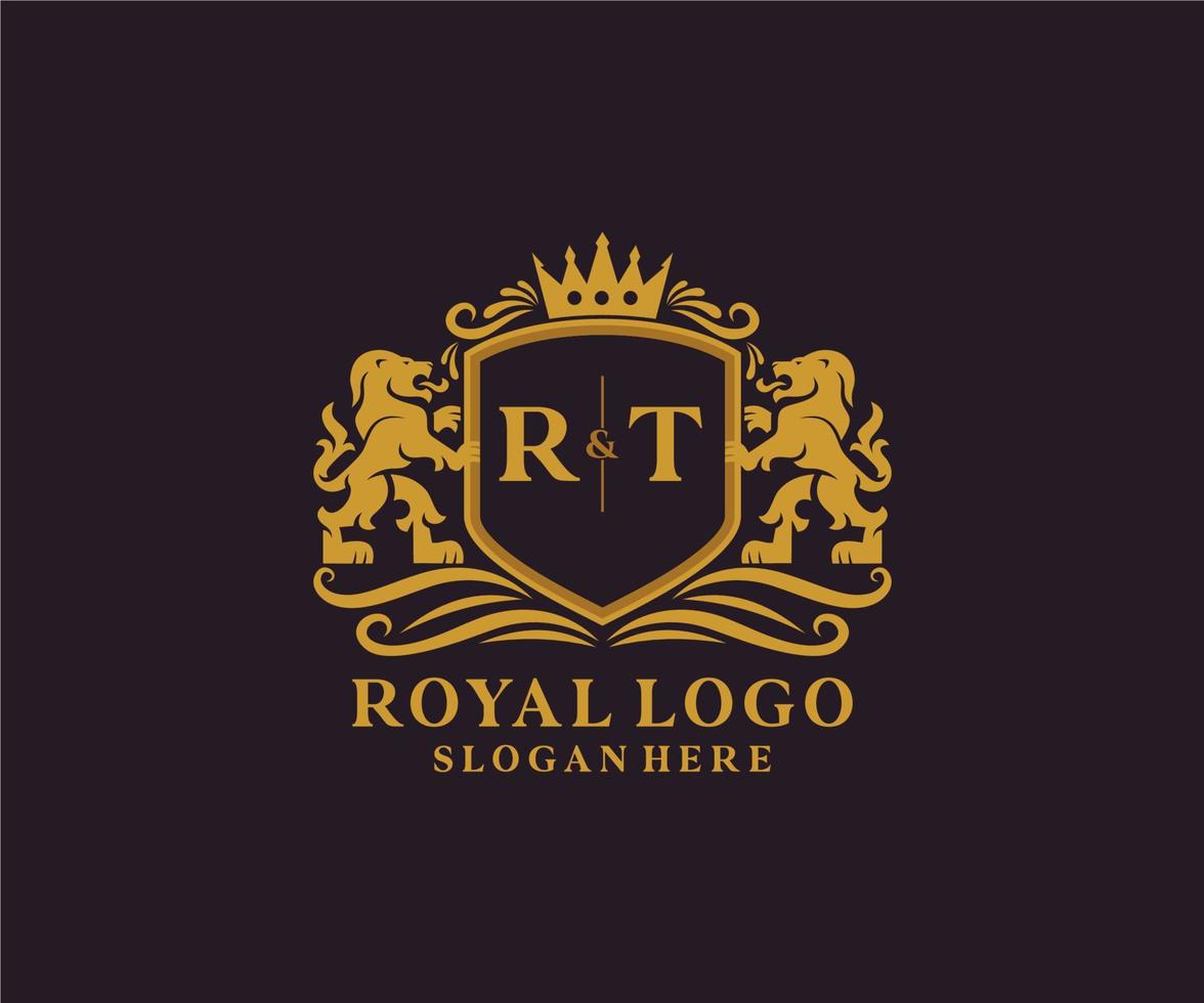 eerste rt brief leeuw Koninklijk luxe logo sjabloon in vector kunst voor restaurant, royalty, boetiek, cafe, hotel, heraldisch, sieraden, mode en andere vector illustratie.