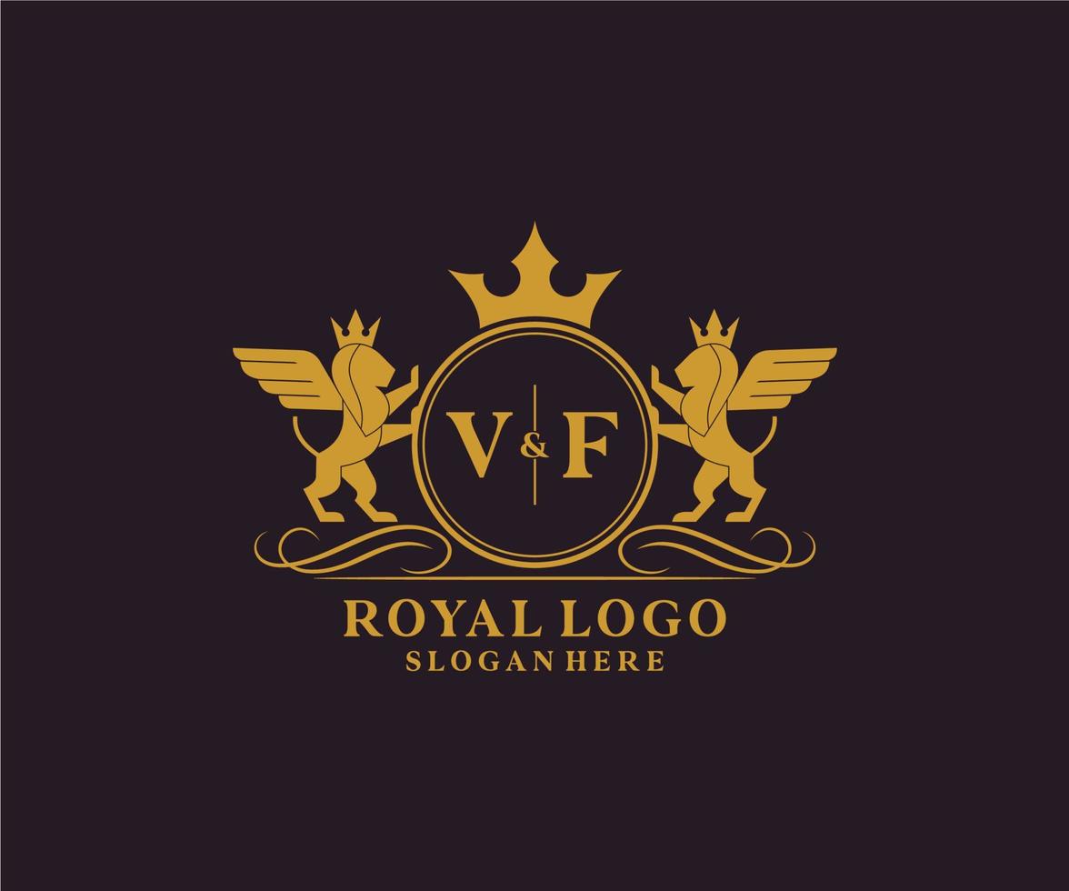 eerste vf brief leeuw Koninklijk luxe heraldisch, wapen logo sjabloon in vector kunst voor restaurant, royalty, boetiek, cafe, hotel, heraldisch, sieraden, mode en andere vector illustratie.