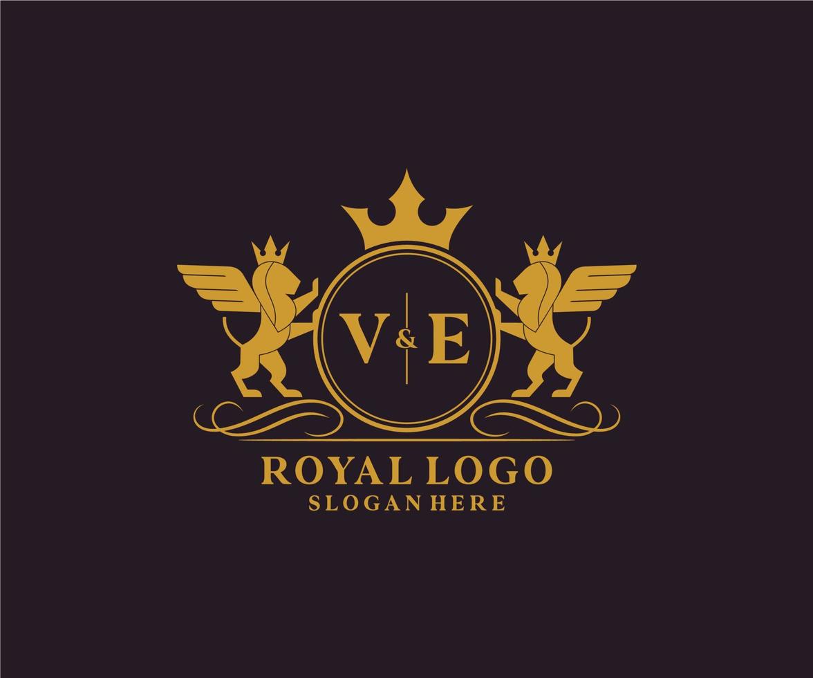 eerste ve brief leeuw Koninklijk luxe heraldisch, wapen logo sjabloon in vector kunst voor restaurant, royalty, boetiek, cafe, hotel, heraldisch, sieraden, mode en andere vector illustratie.