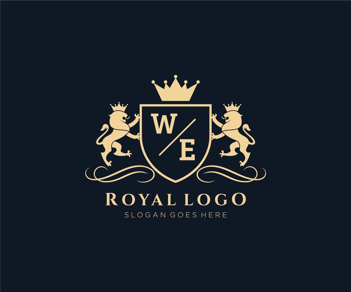 eerste wij brief leeuw Koninklijk luxe heraldisch, wapen logo sjabloon in vector kunst voor restaurant, royalty, boetiek, cafe, hotel, heraldisch, sieraden, mode en andere vector illustratie.