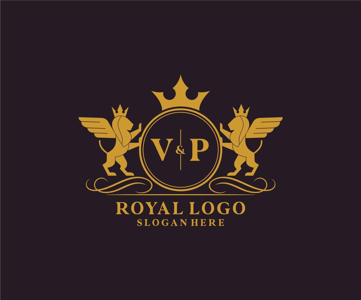 eerste vp brief leeuw Koninklijk luxe heraldisch, wapen logo sjabloon in vector kunst voor restaurant, royalty, boetiek, cafe, hotel, heraldisch, sieraden, mode en andere vector illustratie.