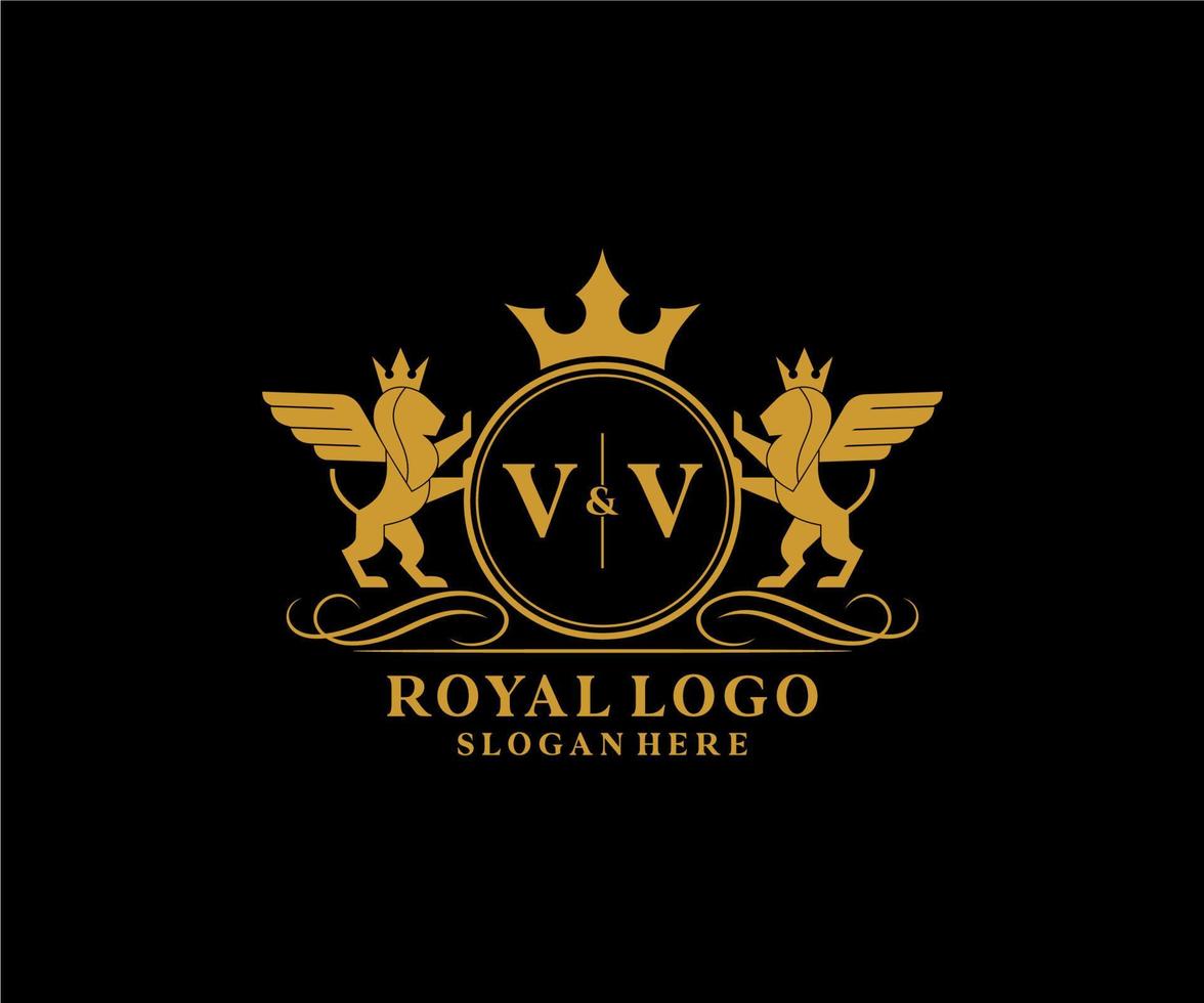 eerste vv brief leeuw Koninklijk luxe heraldisch, wapen logo sjabloon in vector kunst voor restaurant, royalty, boetiek, cafe, hotel, heraldisch, sieraden, mode en andere vector illustratie.