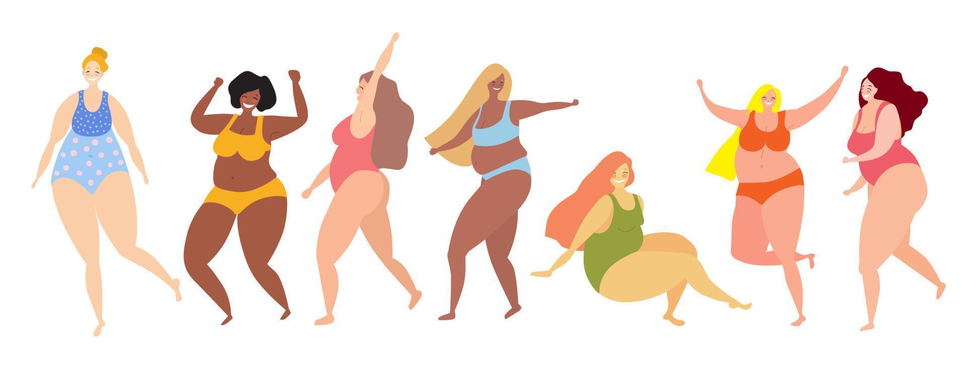reeks van gelukkig plus grootte Dames in ondergoed. dansen Dames. lichaam positief concept. vector