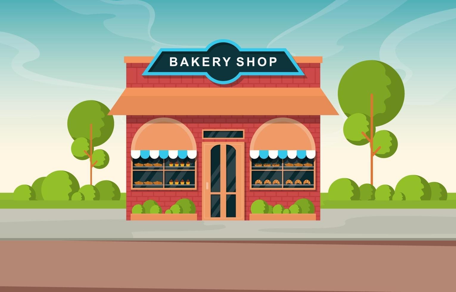 chique bakkerijwinkel met gebakken goederen in de ramen op met bomen omzoomde straat vector