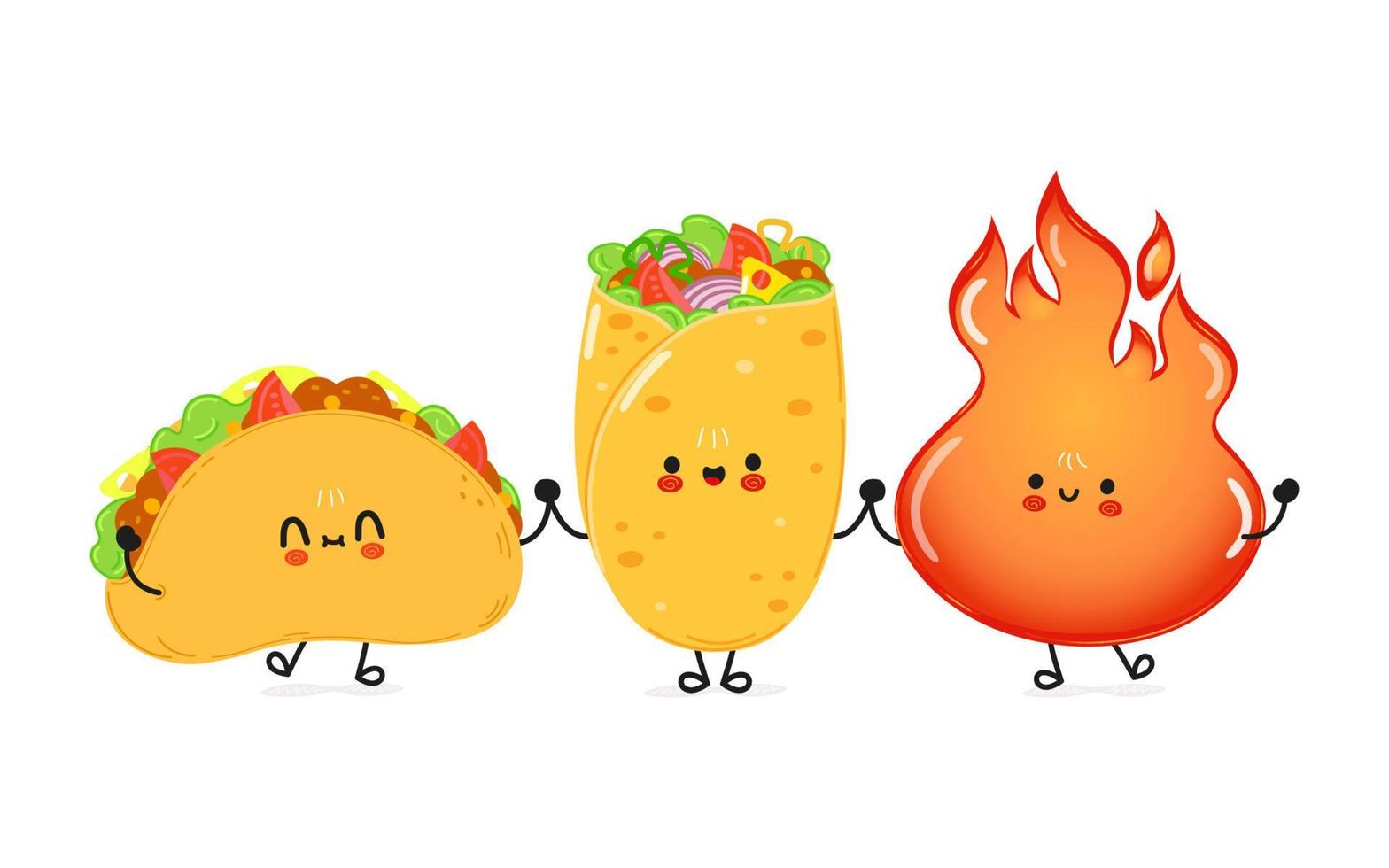 schattig gelukkig taco burrito en brand kaart. vector hand- getrokken tekening stijl tekenfilm karakter illustratie icoon ontwerp. gelukkig taco burrito en brand vrienden concept kaart. Mexicaans voedsel kaart