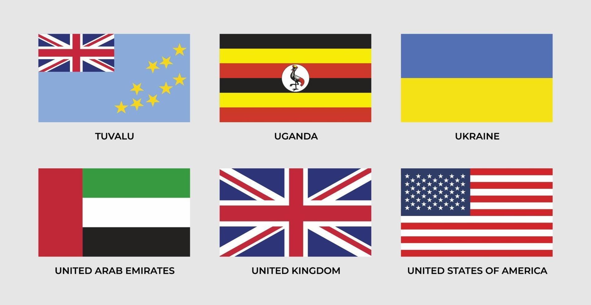 set vlag van tuvalu, oeganda, oekraïne, verenigde arabische emiraten, verenigd, koninkrijk, usa vector