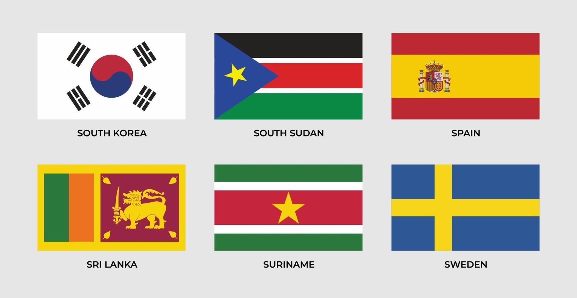 vlag van zuid-korea, zuid-soedan, spanje, sri lanka, suriname, zweden, vector