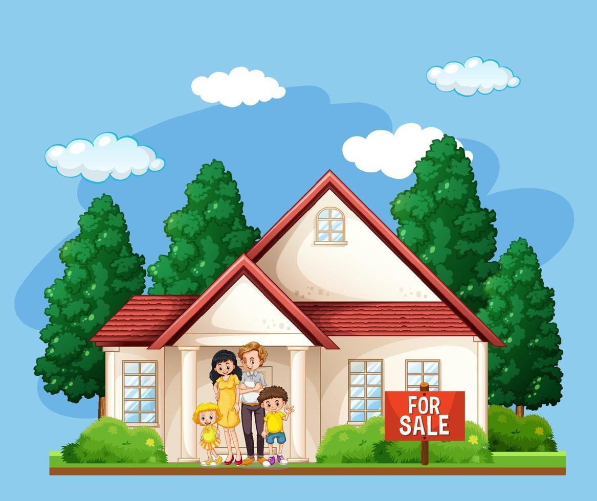 familie staande voor een huis te koop op blauwe achtergrond vector