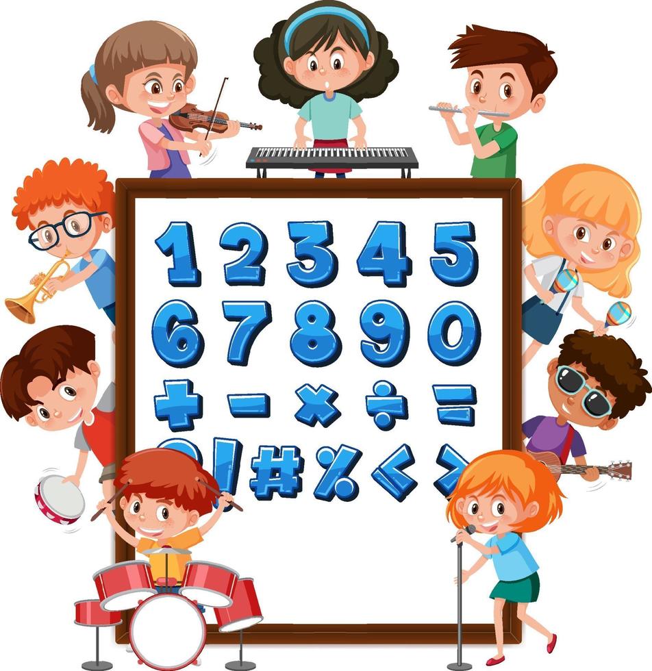 nummer 0 tot 9 en wiskundige symbolen op banner met veel kinderen die verschillende activiteiten doen vector