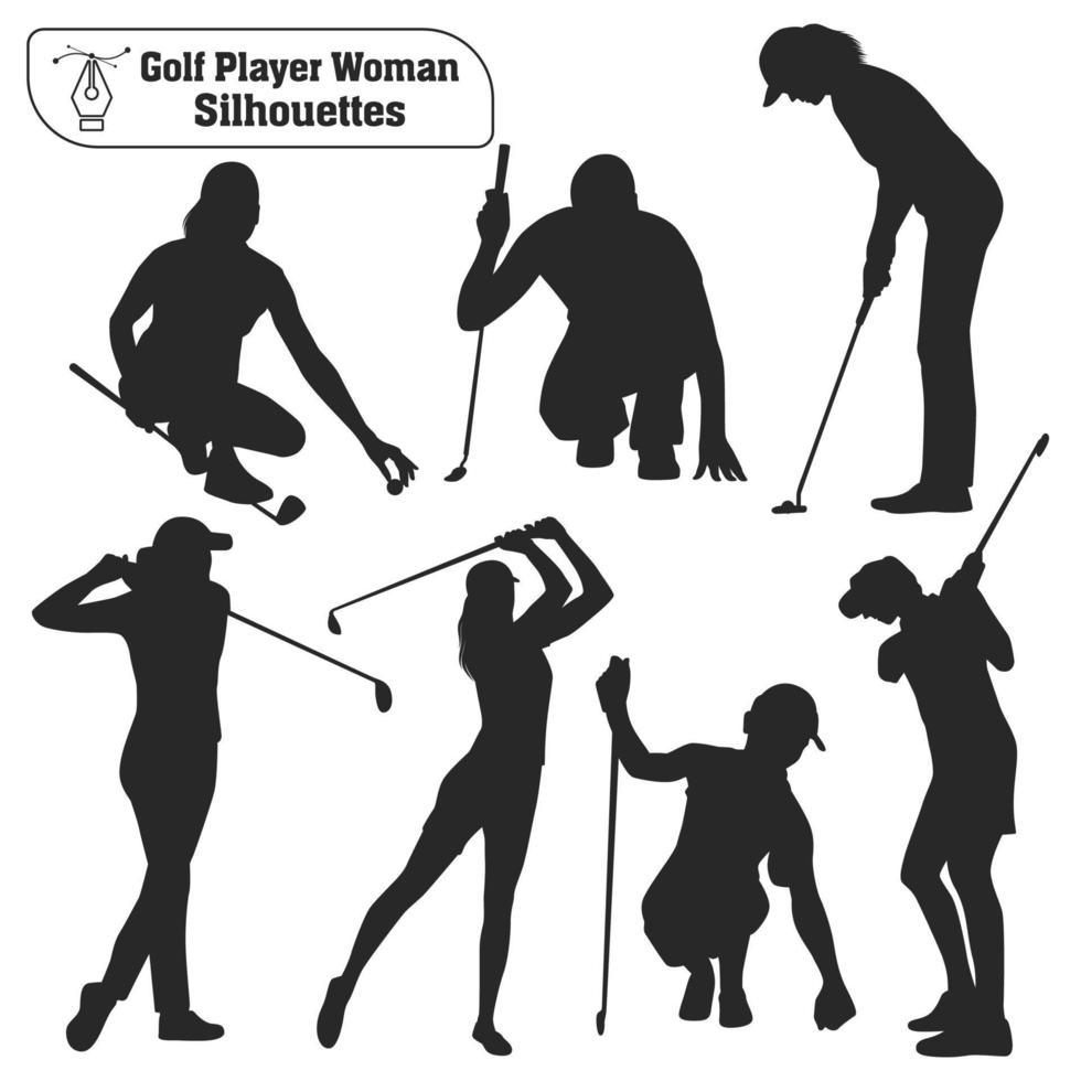 vector verzameling van golf speler vrouw silhouetten in verschillend poses