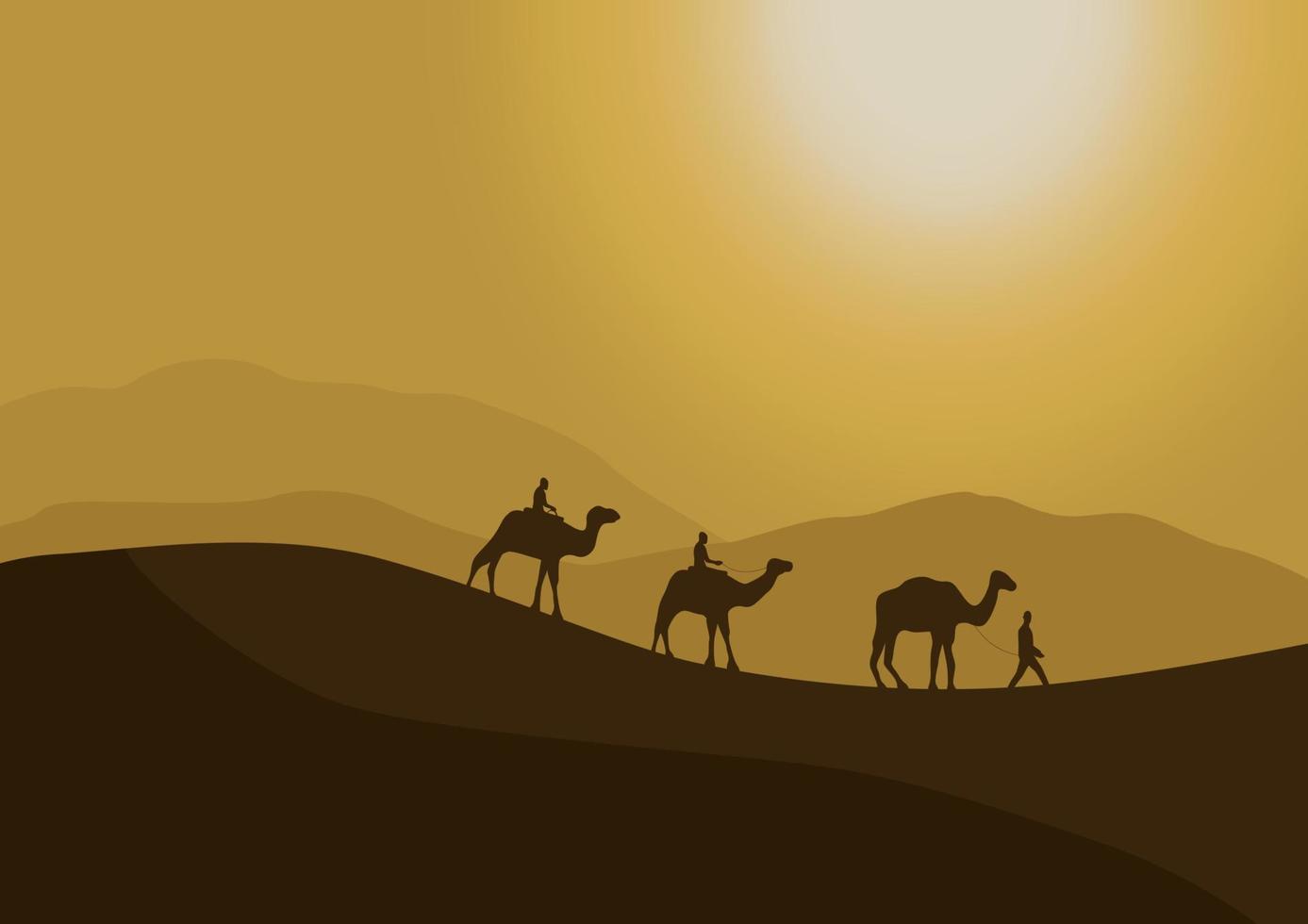 silhouet van kamelen in de woestijn met zonlicht, vector illustratie.