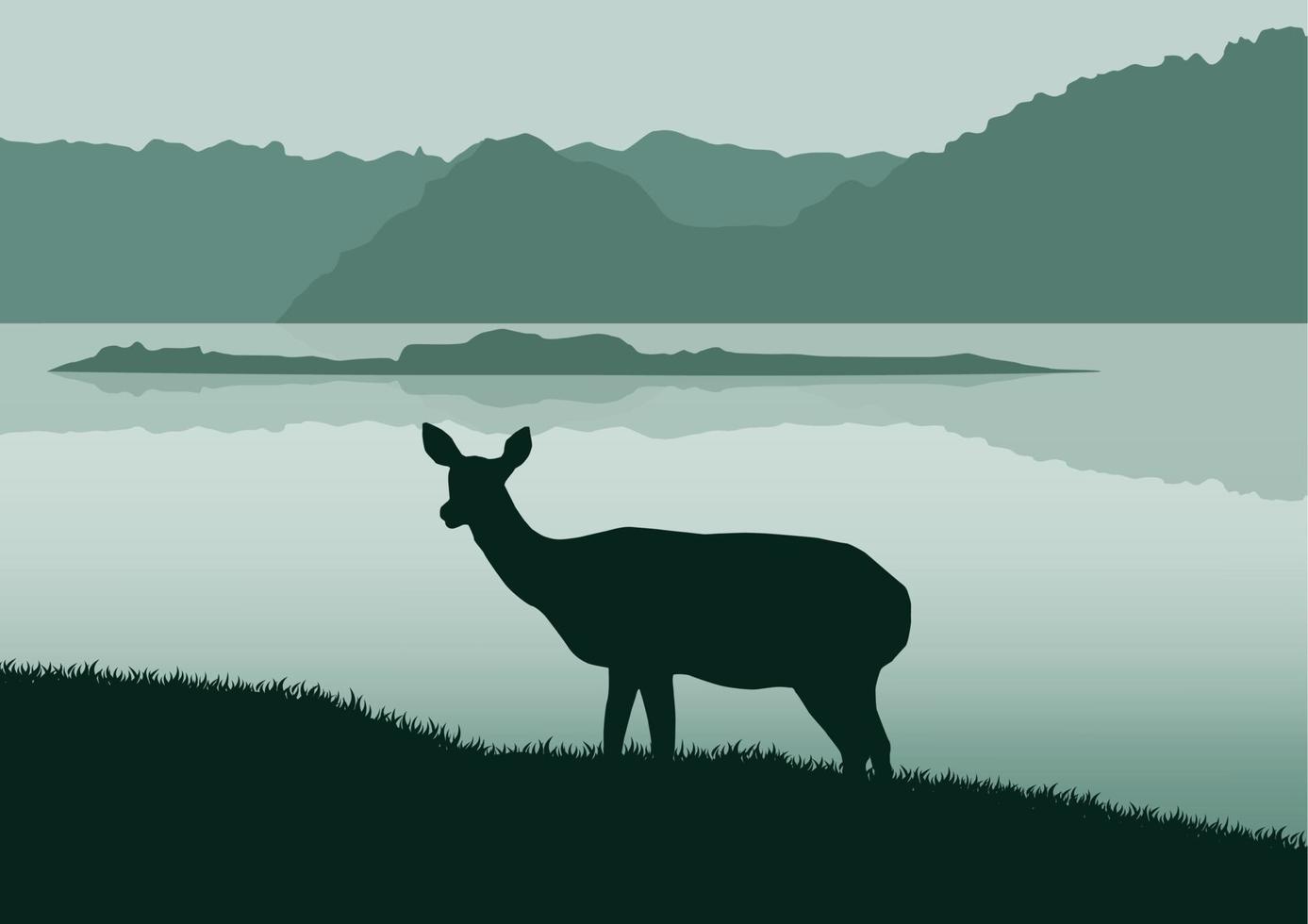 silhouet van een hert door de meer, vector illustratie.