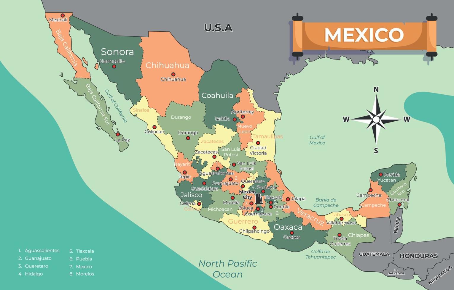 land kaart van Mexico vector