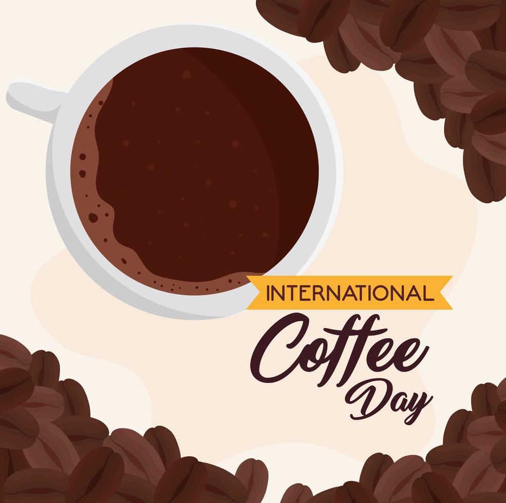 internationale koffiedag poster met bovenaanzicht koffiekopje vector