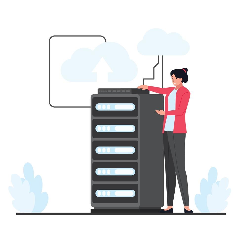 vrouw presenteert grote cloud-hostingserver vector