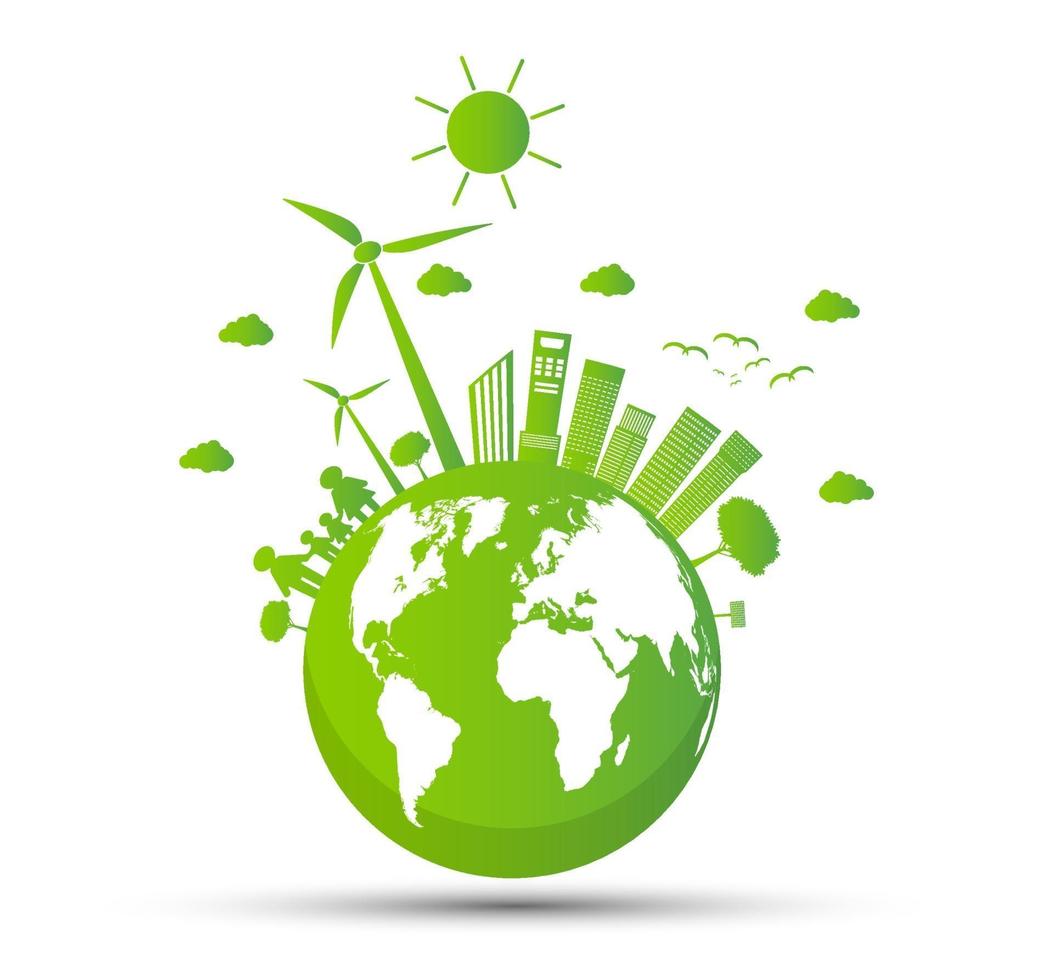 ecologie en milieuconcept, aardesymbool met groene bladeren rond steden helpen de wereld met milieuvriendelijke ideeën vector