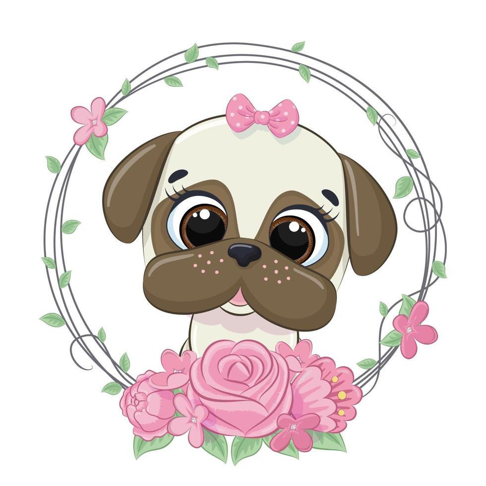 schattige zomer babyhond met bloem krans. vector illustratie