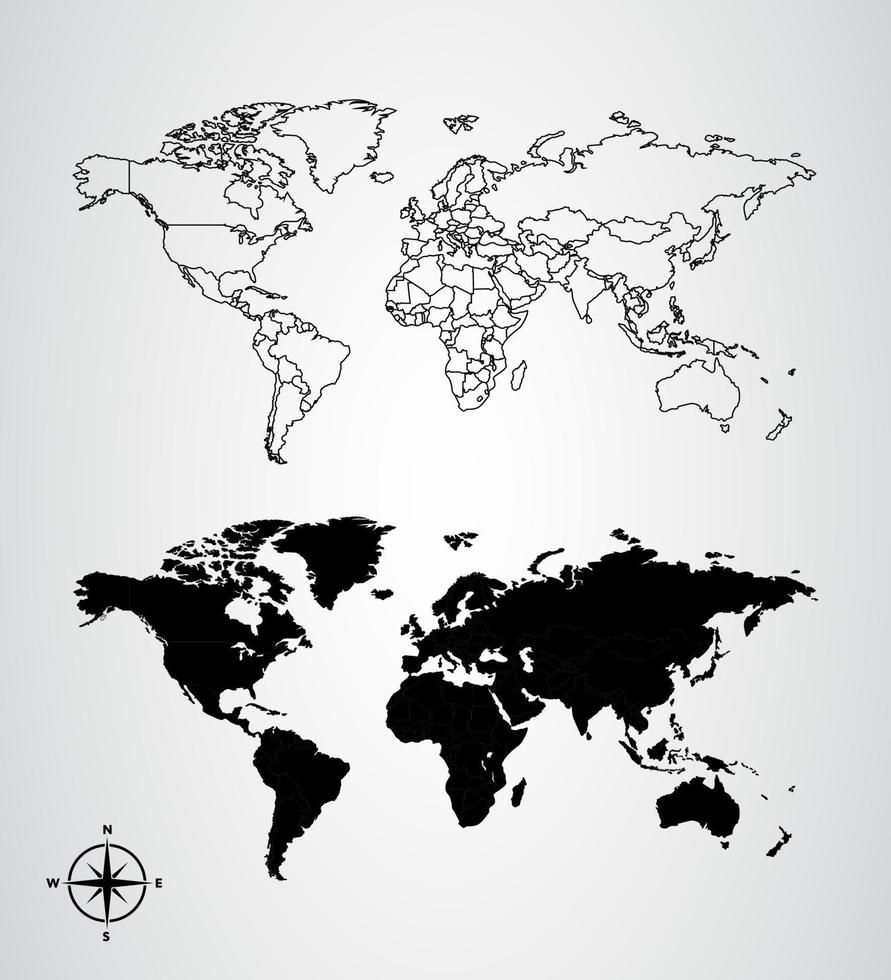 silhouet zwart en wit van wereld kaart schets met kompas vector