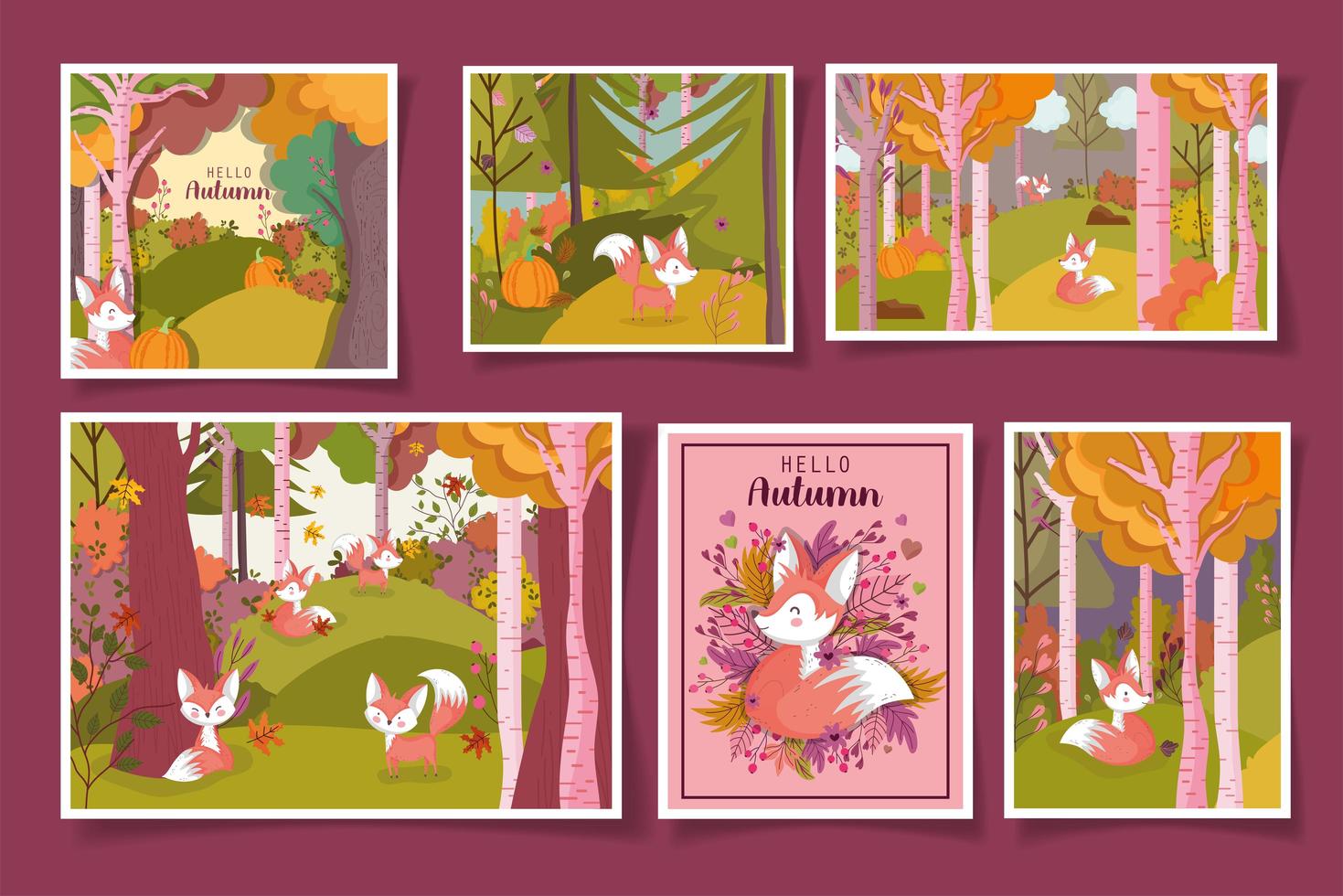 hallo herfstseizoen poster set met schattige vossen vector