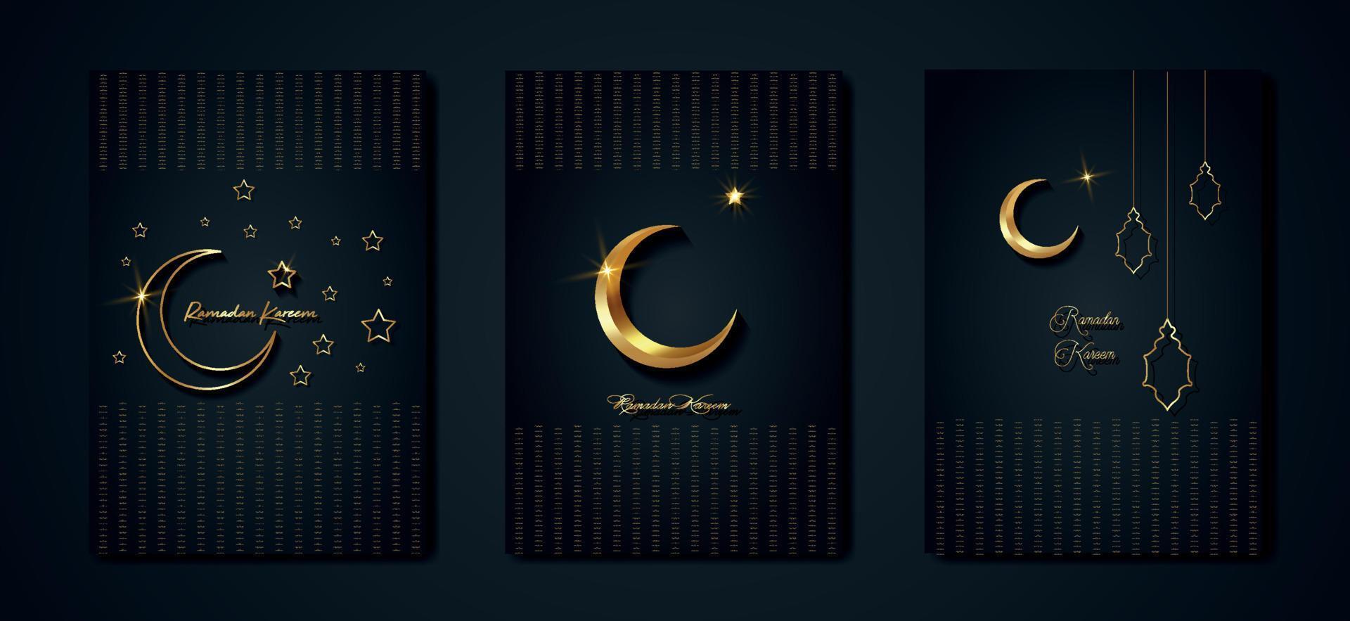 Ramadan kareem 2023 vector reeks groet kaart. goud voor de helft maan Aan zwart achtergrond. gouden vakantie poster met tekst, Islamitisch symbool. concept moslim religie banier, folder, partij uitnodiging, uitverkoop winkel