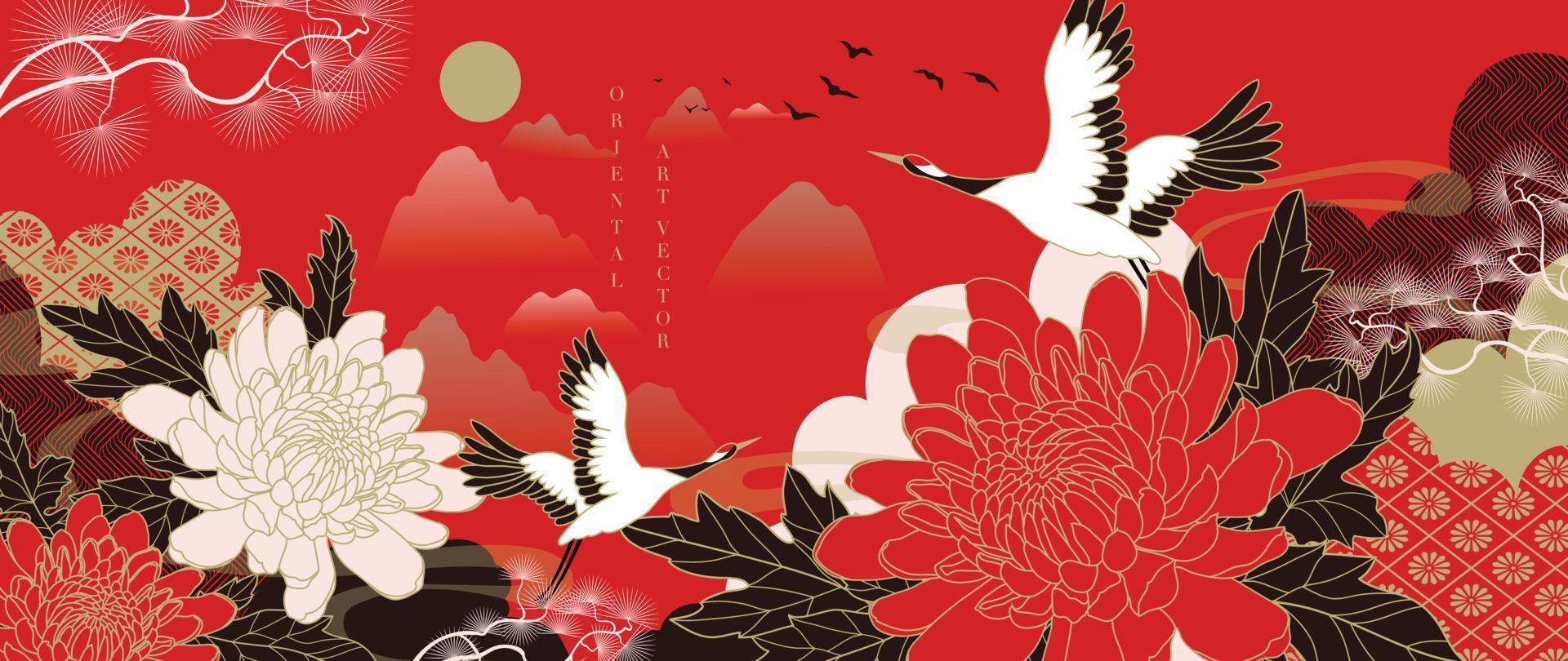 luxe abstract oosters patroon achtergrond vector. elegant Japans patroon goud lijn kunst ontwerp met kraan vogelstand en chrysant bloemen. ontwerp illustratie voor huis decoratie, kaart, poster. vector