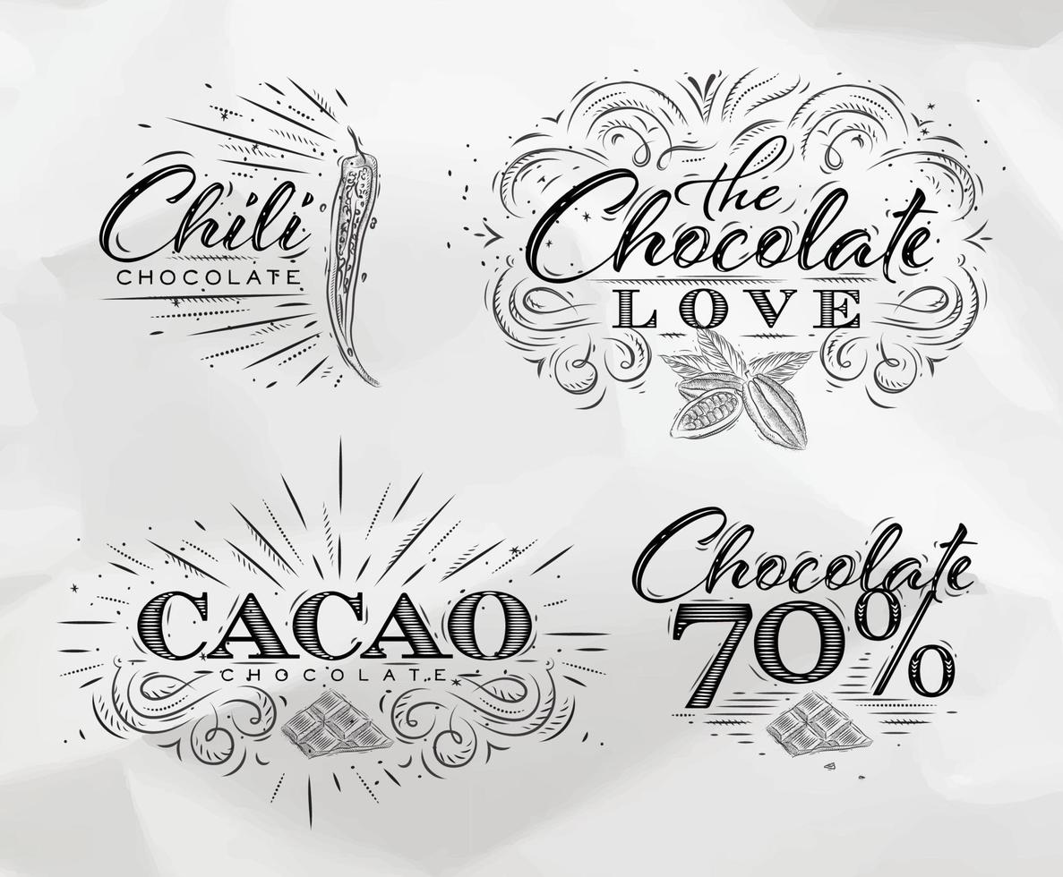 chocola etiketten verzameling in wijnoogst stijl belettering chocola liefde, Chili, cacao, 70 tekening Aan verfrommeld papier achtergrond. vector