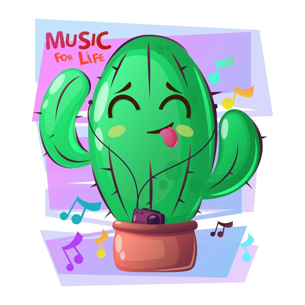 cactus plant dansen met blij gezicht. sappig met speler. cartoonstijl met slogan, muziek voor live. vector