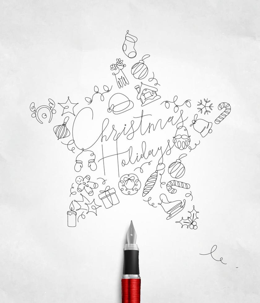 Kerstmis boom speelgoed- ster belettering vakantie tekening met pen lijn Aan verfrommeld papier achtergrond vector