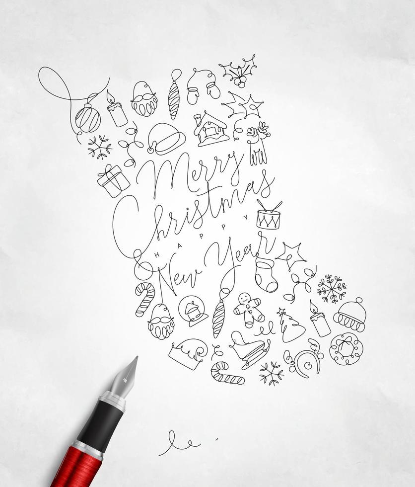 speelgoed- sokken belettering vrolijk Kerstmis en gelukkig nieuw jaar tekening met pen lijn Aan verfrommeld papier achtergrond vector