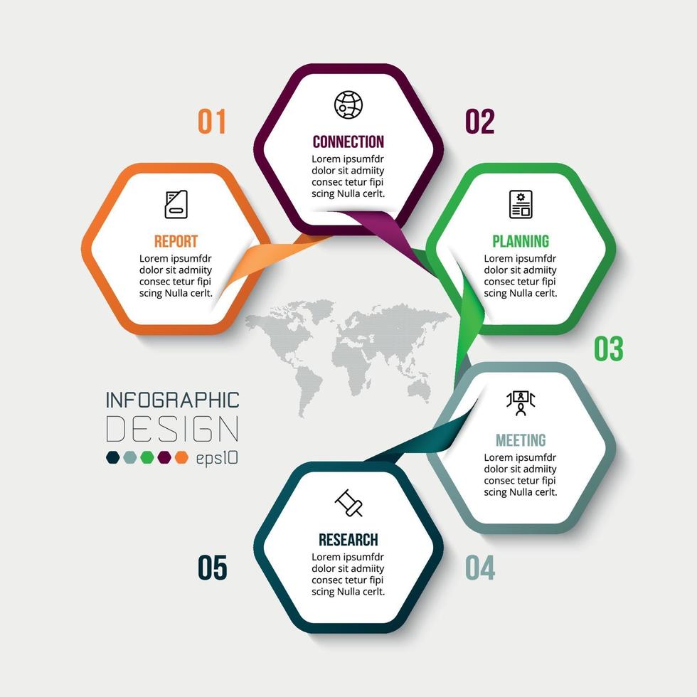 5 stappen van het zeshoekige patroon, kan worden gebruikt op verschillende gebieden, zoals zaken, bedrijf, onderzoek of medisch, onderwijs. vector