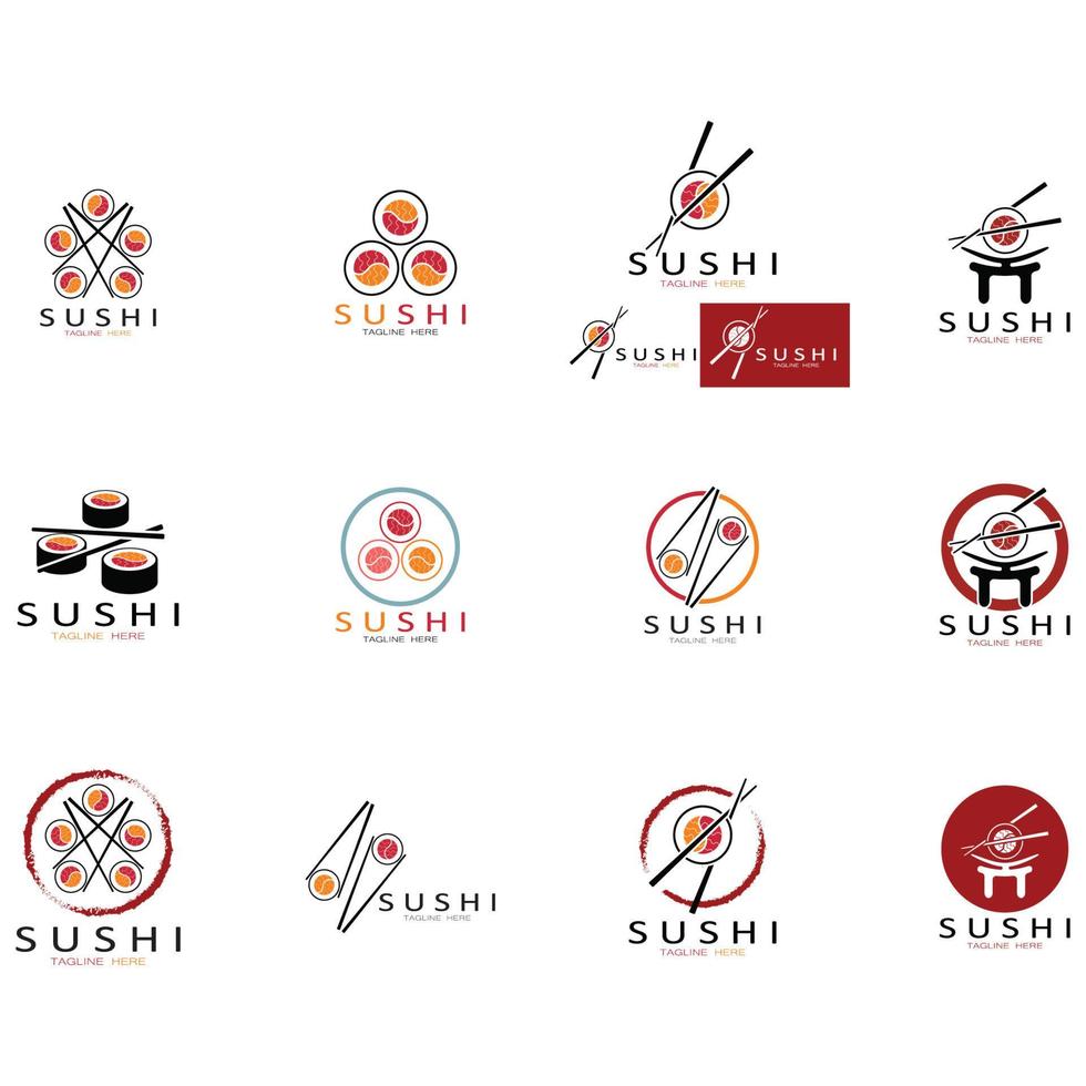 sushi logo template.vector pictogram stijl illustratie bar of winkel, sushi, zalm roll, sushi en broodjes met eetstokje bar of restaurant vector logo sjabloon