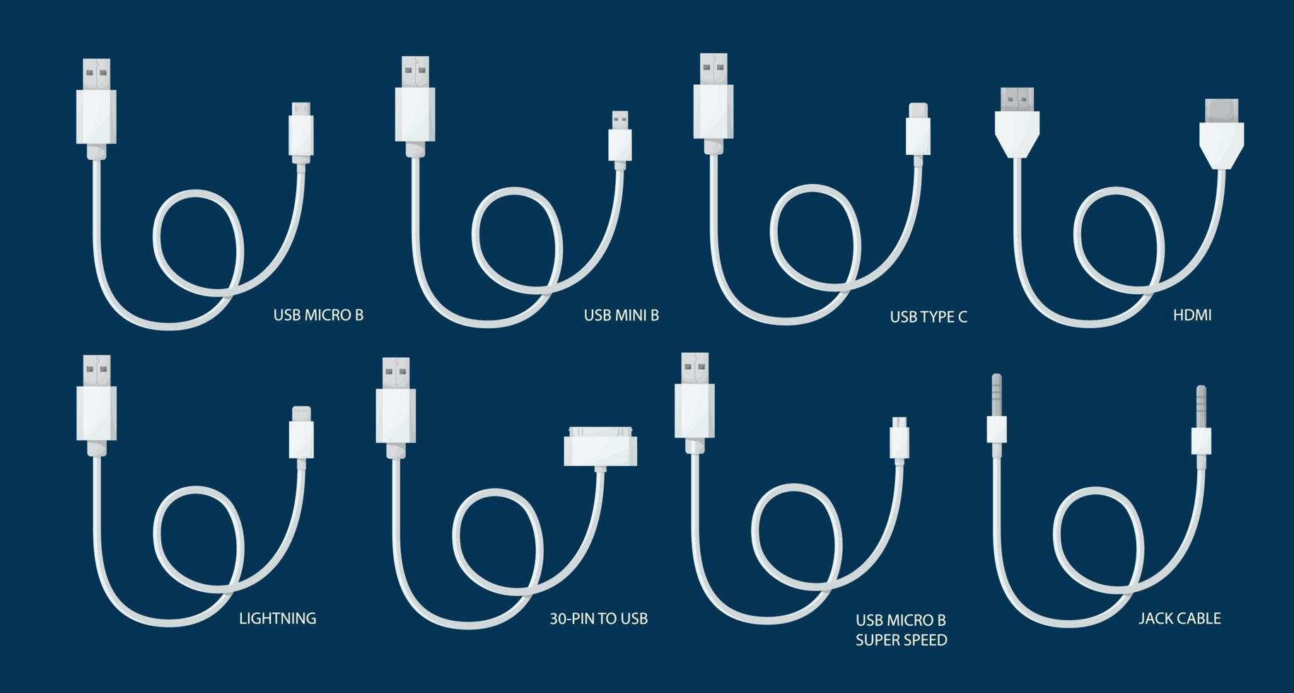 usb-kabelset. type a, b en type c stekkers, mini, micro, lightning, hdmi, 30-pins, jack. universele computer witte kabelconnectoren. vectorillustratie in cartoon-stijl. vector