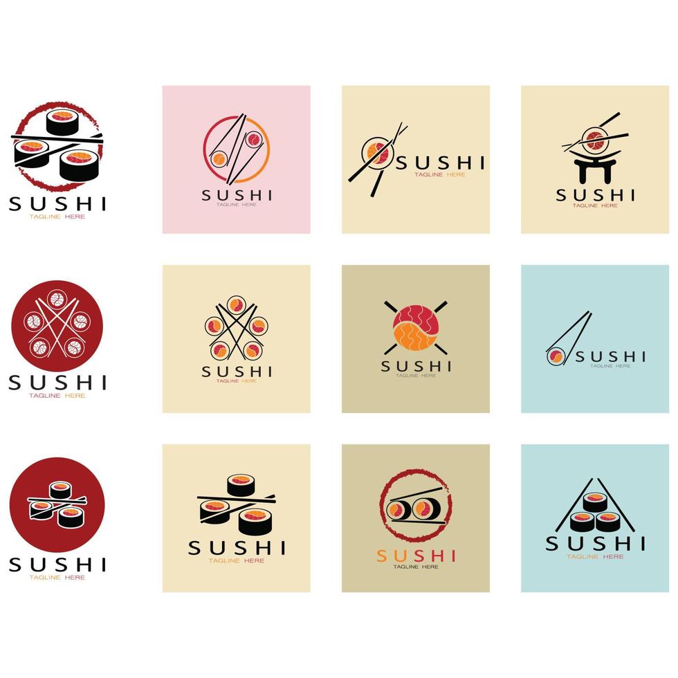 sushi logo template.vector pictogram stijl illustratie bar of winkel, sushi, zalm roll, sushi en broodjes met eetstokje bar of restaurant vector logo sjabloon