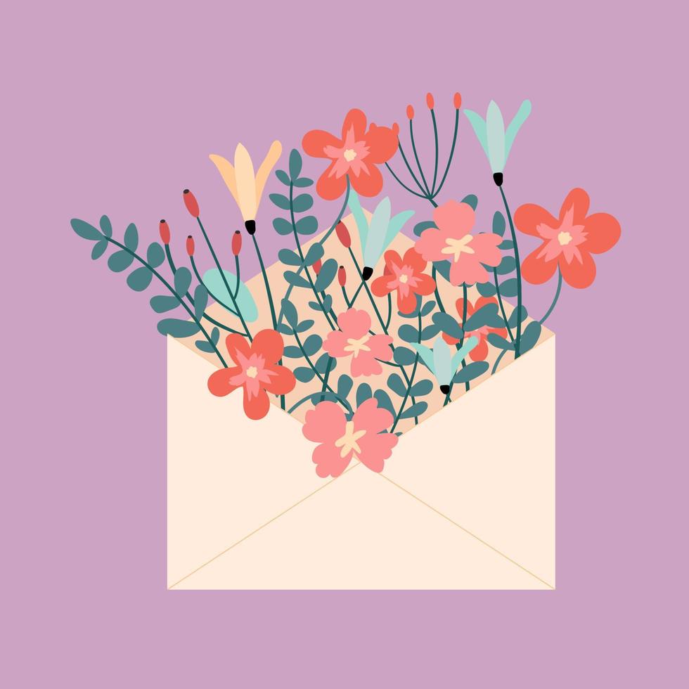 boeket van bloemen in een envelop. mooi voorjaar botanisch illustratie in vlak stijl. vector bloemen illustratie voor moeder dag en vrouwen dag. schattig illustratie voor afdrukken, posters en kaarten.