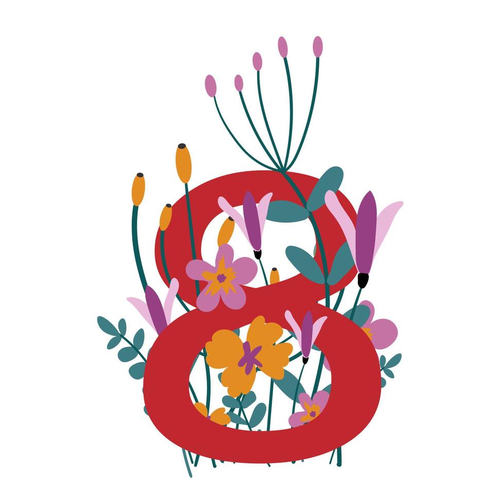 vector illustratie voor Internationale vrouwen dag. elegant bloemen voorjaar illustratie. rood aantal acht. botanisch illustratie voor de achtste van maart vakantie. idee voor vlak stijl ansichtkaarten.