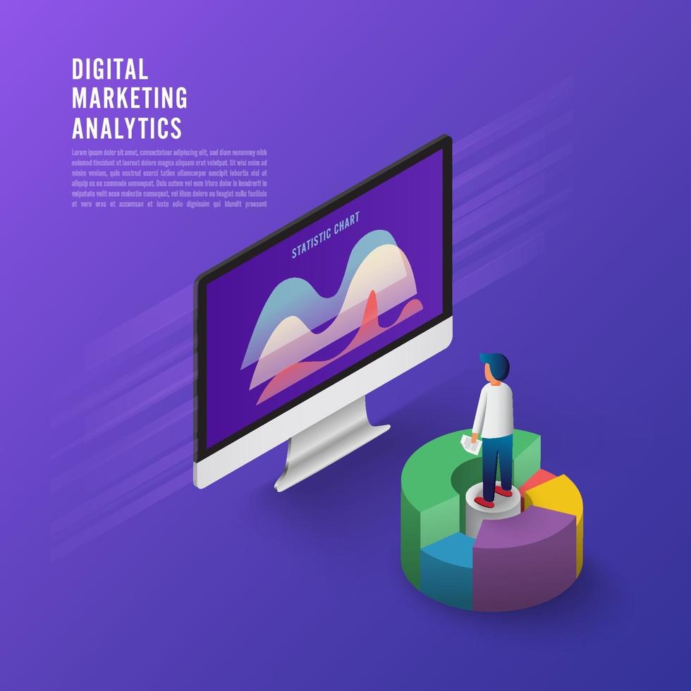 platte ontwerpconcept bedrijfsstrategie. 3D Isometrische plat ontwerp. analysegegevens en investeringen. zakelijk succes. financieel overzicht met laptop en infographic elementen. vector