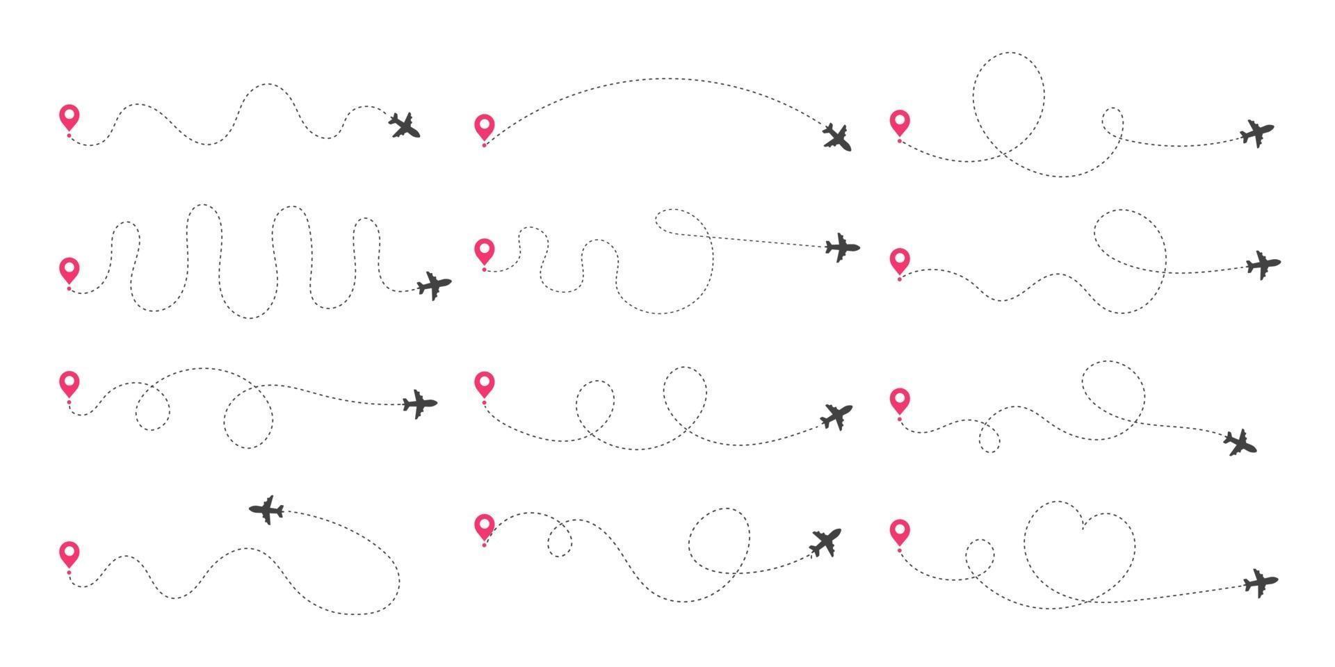 vliegtuigroutes. reizen vector pictogram. reis vanaf het startpunt en tracering met stippellijnen.