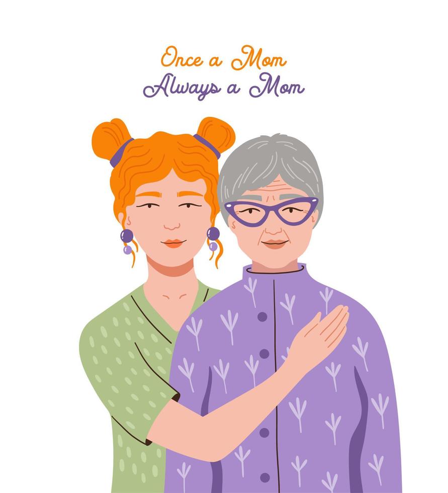 gelukkig moeder dag. een jong vrouw liefdevol omarmt haar oud moeder of grootmoeder. vector concept illustratie