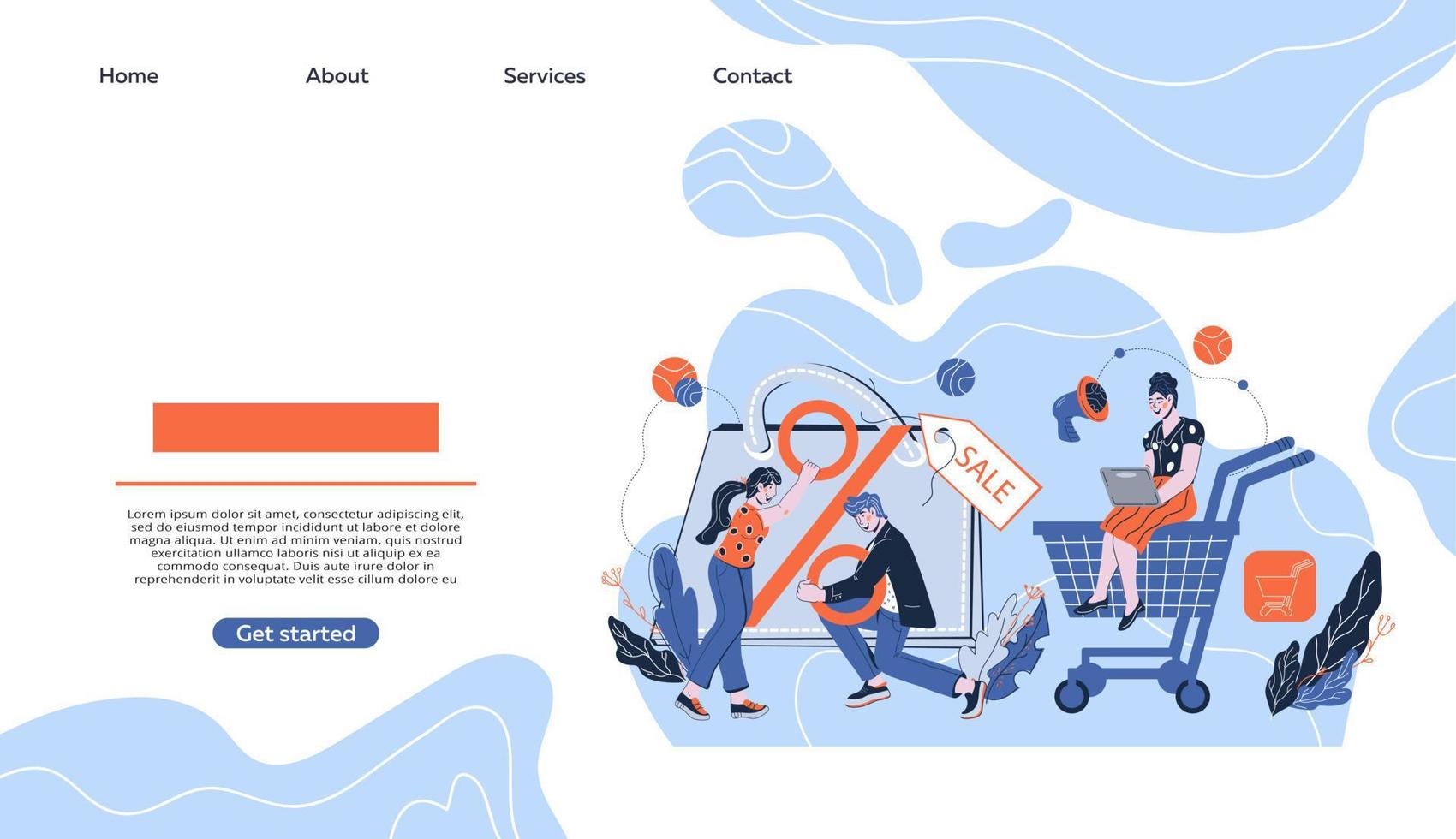 uitverkoop website of landen bladzijde banier mockup met mensen boodschappen doen online. uitverkoop en korting evenement advertentie voor digitaal afzet en internet op te slaan, vlak tekenfilm vector illustratie.